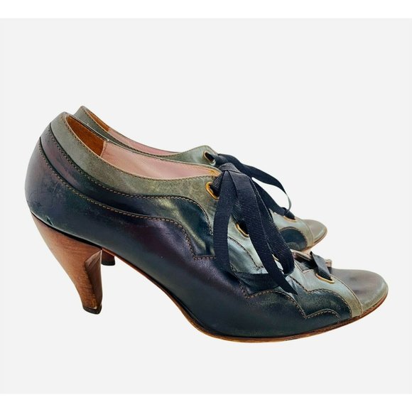 John Fluevog Shoes - John Fluevog 6.5 Olive Green & Black Lace Up Heels Sandals Wood Heel Leather